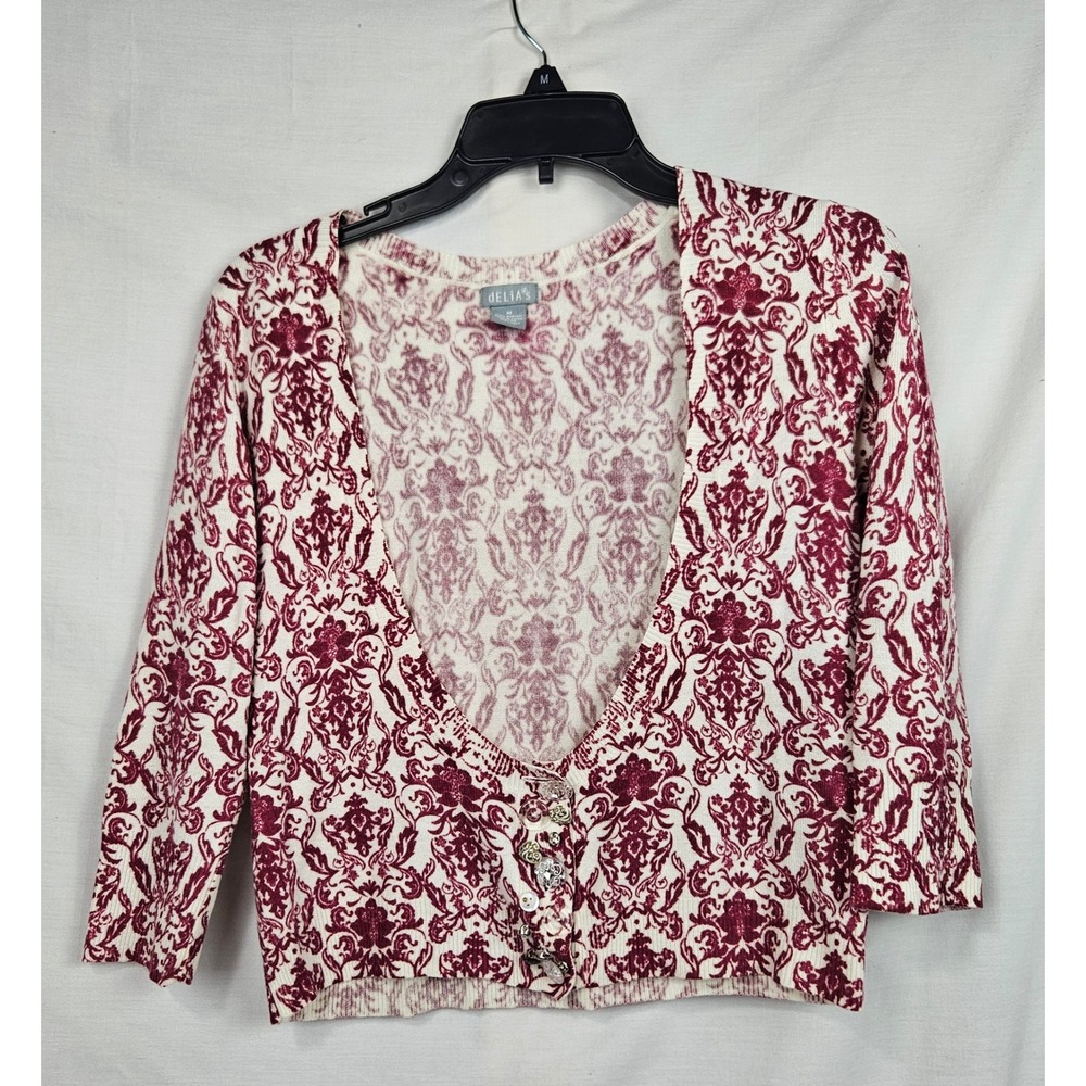 Delias Red Damask Floral Cardigan Sweater‎ Mismatched Buttons Womens Med
